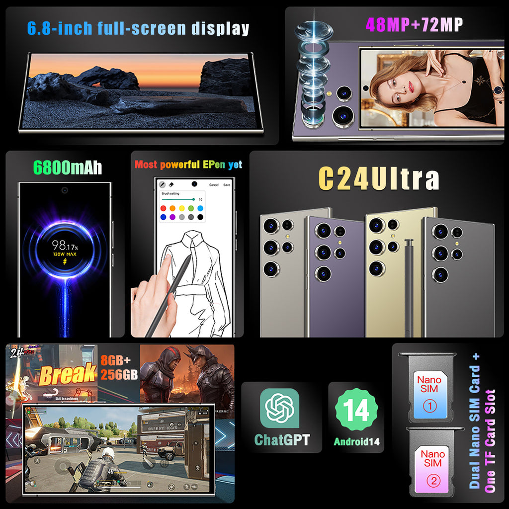 unlocked s24 ultra 5g android smartphone – 6.8" full hd display, 6gb ram 256gb storage, dual sim, 6800mah battery