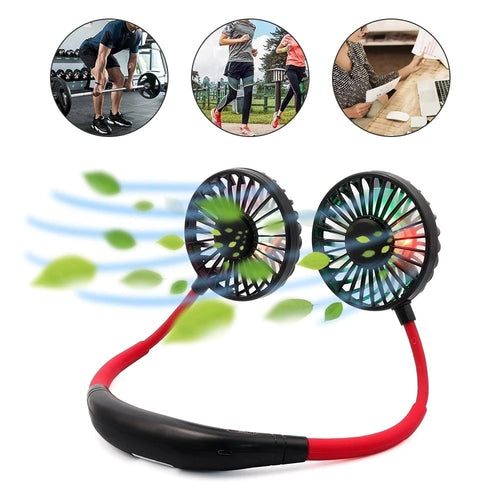 Battery Portable fan, Neck Fan - USB Rechargeable Hands-Free Wearable Fan with Dual Heads, 3 Speeds & LED Lights – Ideal for Gym, Running, Office, Travel, and Outdoor Use,